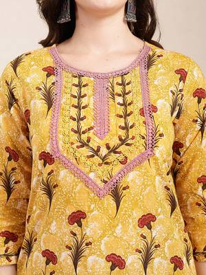 mustard cotton lace work on yoke straight kurta dupatta pant set 4