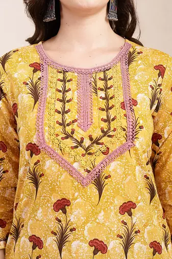 mustard cotton lace work on yoke straight kurta dupatta pant set