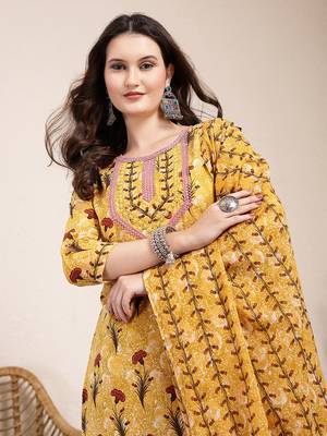 mustard cotton lace work on yoke straight kurta dupatta pant set 5