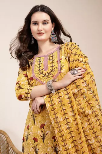 mustard cotton lace work on yoke straight kurta dupatta pant set