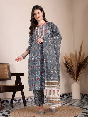 grey cotton straight kurta dupatta pant set 1