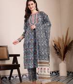 grey cotton straight kurta dupatta pant set