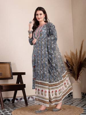 grey cotton straight kurta dupatta pant set 2