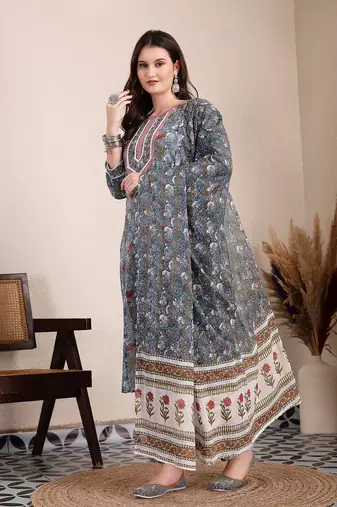 grey cotton straight kurta dupatta pant set