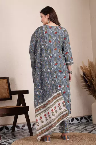 grey cotton straight kurta dupatta pant set