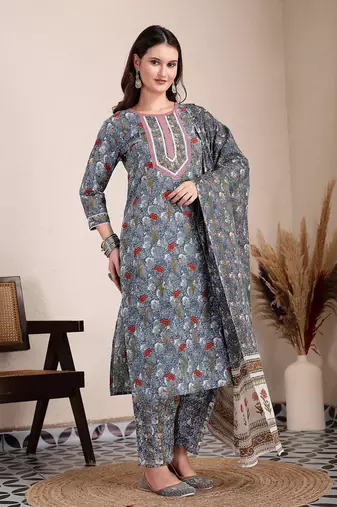 grey cotton straight kurta dupatta pant set