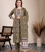 green cotton lace work on yoke straight kurta dupatta pant set