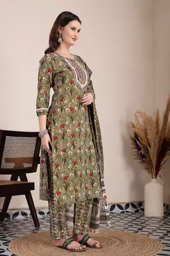 green cotton lace work on yoke straight kurta dupatta pant set