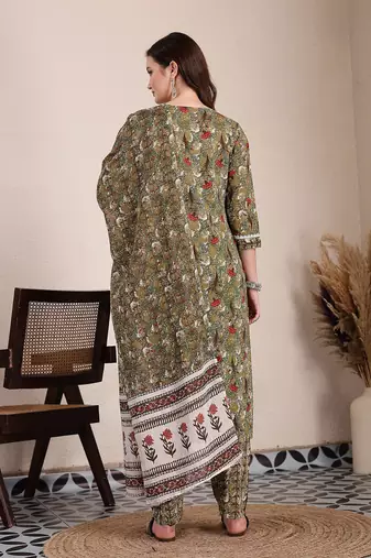 green cotton lace work on yoke straight kurta dupatta pant set