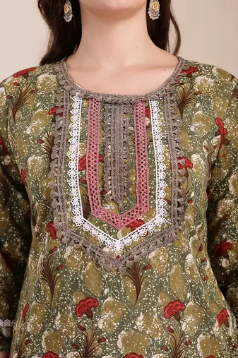 green cotton lace work on yoke straight kurta dupatta pant set