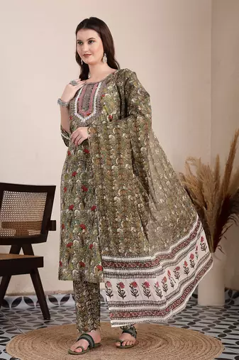 green cotton lace work on yoke straight kurta dupatta pant set