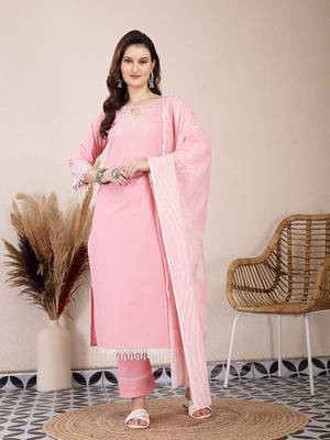 pink solid thread work straight kurta trouser dupatta set 1