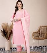 pink solid thread work straight kurta trouser dupatta set