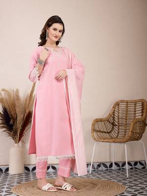 pink solid thread work straight kurta trouser dupatta set 2