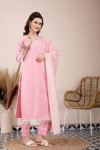 pink solid thread work straight kurta trouser dupatta set