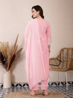pink solid thread work straight kurta trouser dupatta set 3
