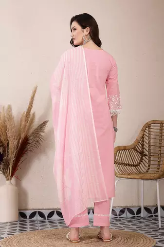 pink solid thread work straight kurta trouser dupatta set