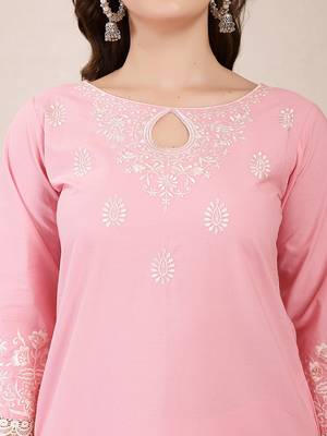 pink solid thread work straight kurta trouser dupatta set 4