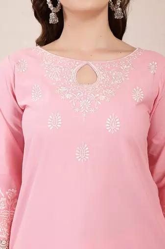 pink solid thread work straight kurta trouser dupatta set