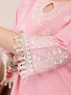 pink solid thread work straight kurta trouser dupatta set 5
