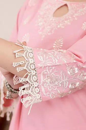 pink solid thread work straight kurta trouser dupatta set