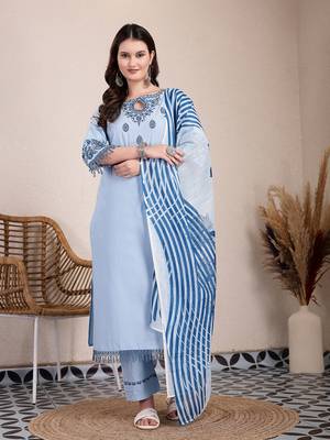 sky blue solid thread work straight kurta trouser dupatta set 1
