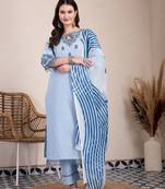 sky blue solid thread work straight kurta trouser dupatta set