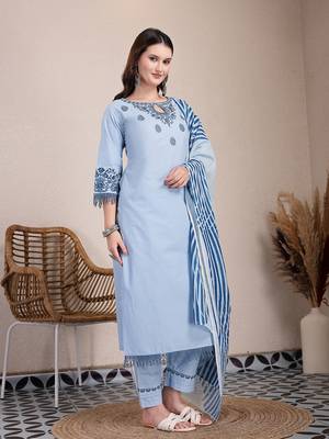 sky blue solid thread work straight kurta trouser dupatta set 2