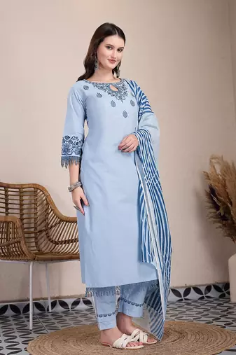sky blue solid thread work straight kurta trouser dupatta set