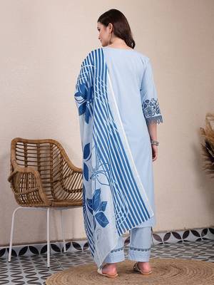 sky blue solid thread work straight kurta trouser dupatta set 3