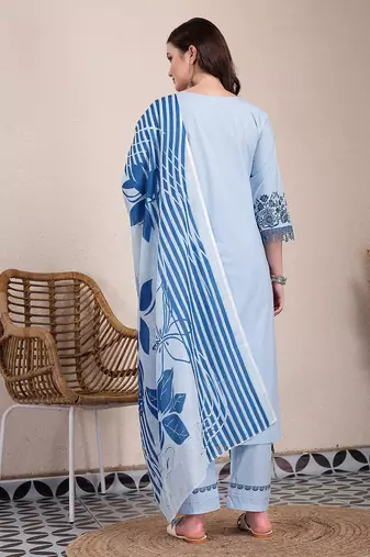 sky blue solid thread work straight kurta trouser dupatta set