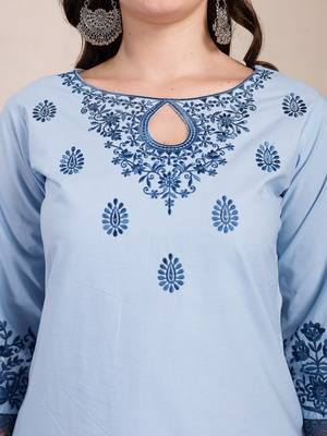 sky blue solid thread work straight kurta trouser dupatta set 4