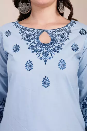 sky blue solid thread work straight kurta trouser dupatta set