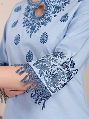 sky blue solid thread work straight kurta trouser dupatta set 5