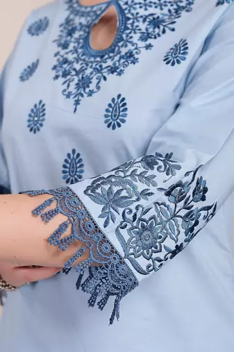 sky blue solid thread work straight kurta trouser dupatta set