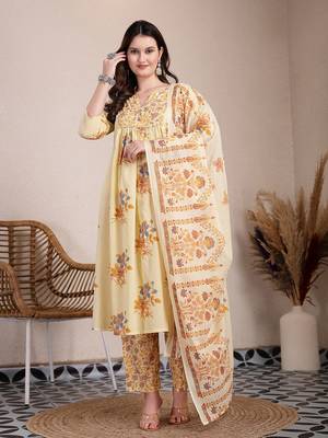 yellow pure cotton a-line pleated kurta dupatta pant set 1