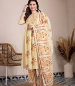 yellow pure cotton a-line pleated kurta dupatta pant set