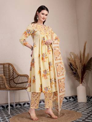 yellow pure cotton a-line pleated kurta dupatta pant set 2