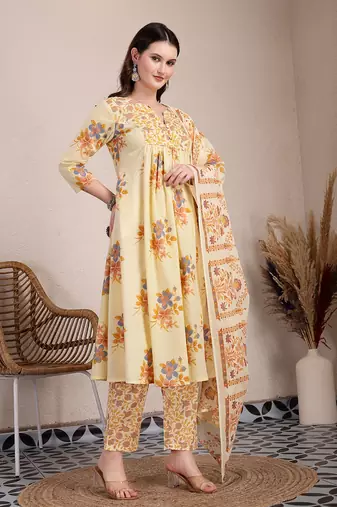 yellow pure cotton a-line pleated kurta dupatta pant set