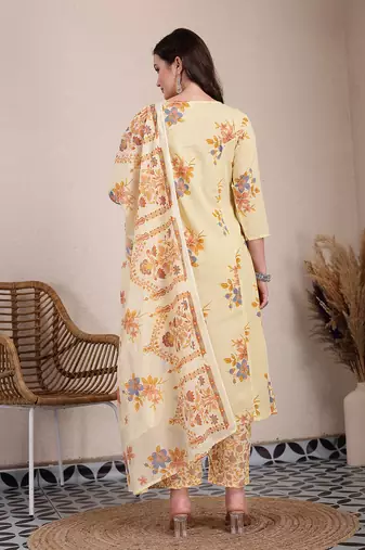 yellow pure cotton a-line pleated kurta dupatta pant set