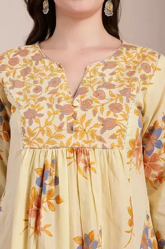yellow pure cotton a-line pleated kurta dupatta pant set