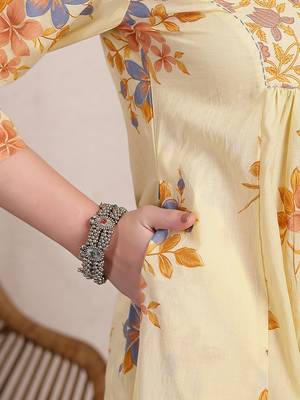 yellow pure cotton a-line pleated kurta dupatta pant set 5