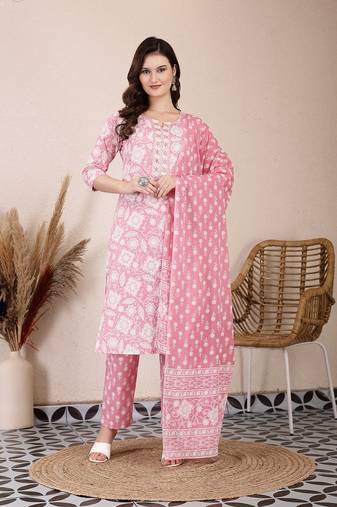pink ethnic motifs print straight kurta trouser dupatta set