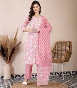 pink ethnic motifs print straight kurta trouser dupatta set