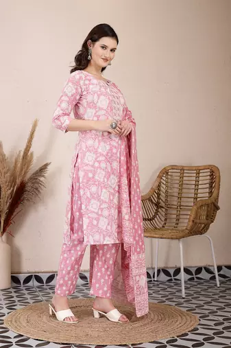 pink ethnic motifs print straight kurta trouser dupatta set