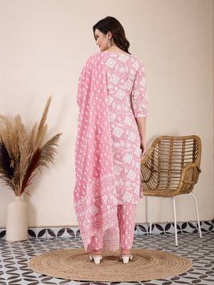 pink ethnic motifs print straight kurta trouser dupatta set 3