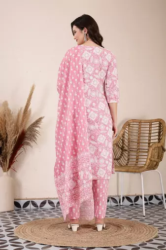 pink ethnic motifs print straight kurta trouser dupatta set