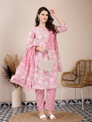pink ethnic motifs print straight kurta trouser dupatta set 5
