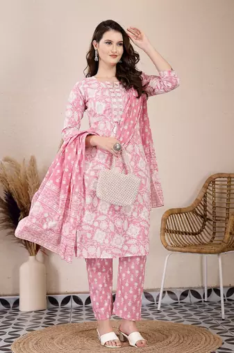 pink ethnic motifs print straight kurta trouser dupatta set