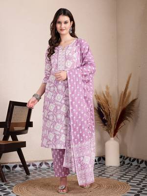 purple ethnic motifs print straight kurta trouser dupatta set 1